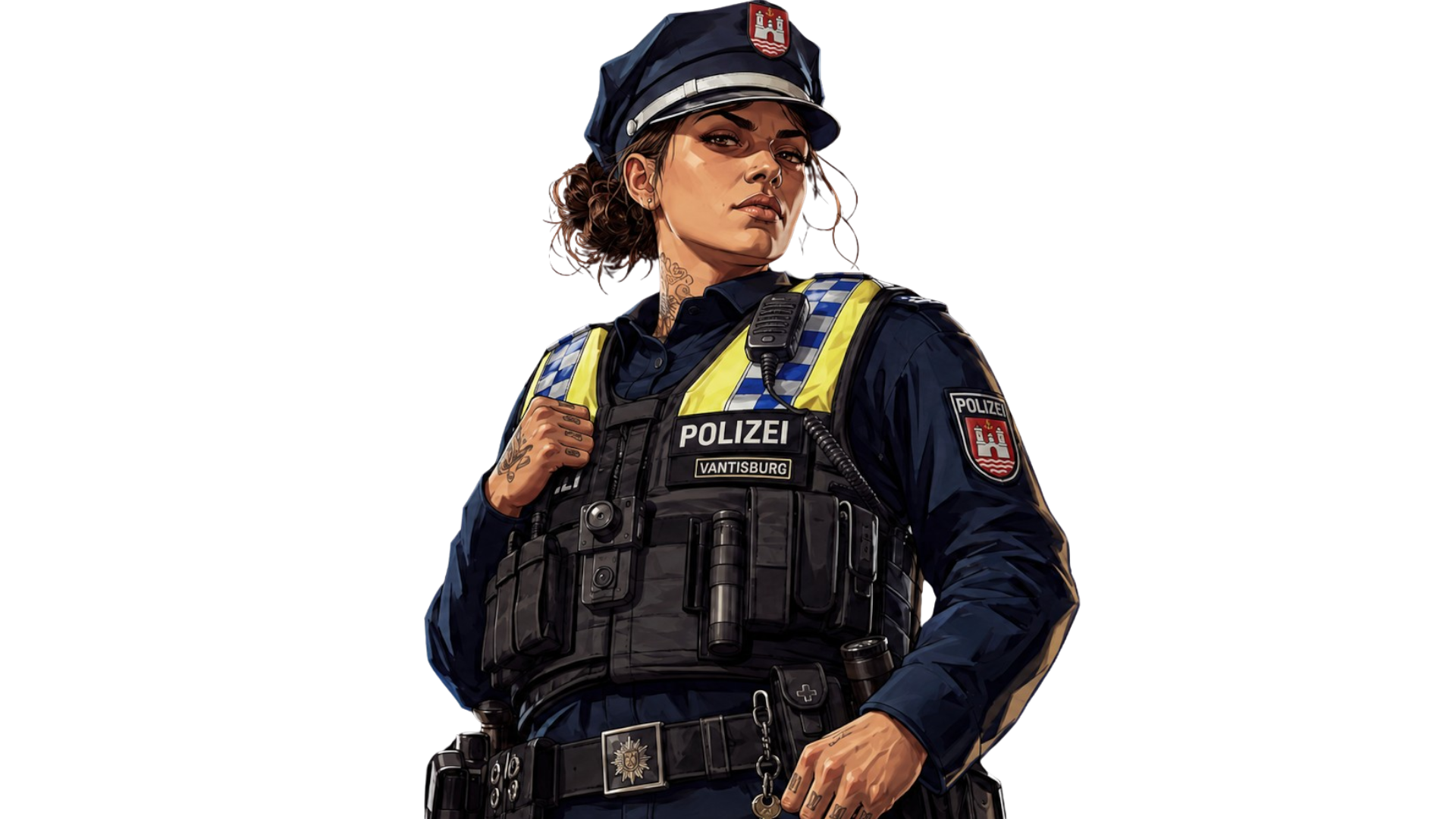 Illustrierte Polizistin aus Vantisburg in deutscher Polizeiuniform